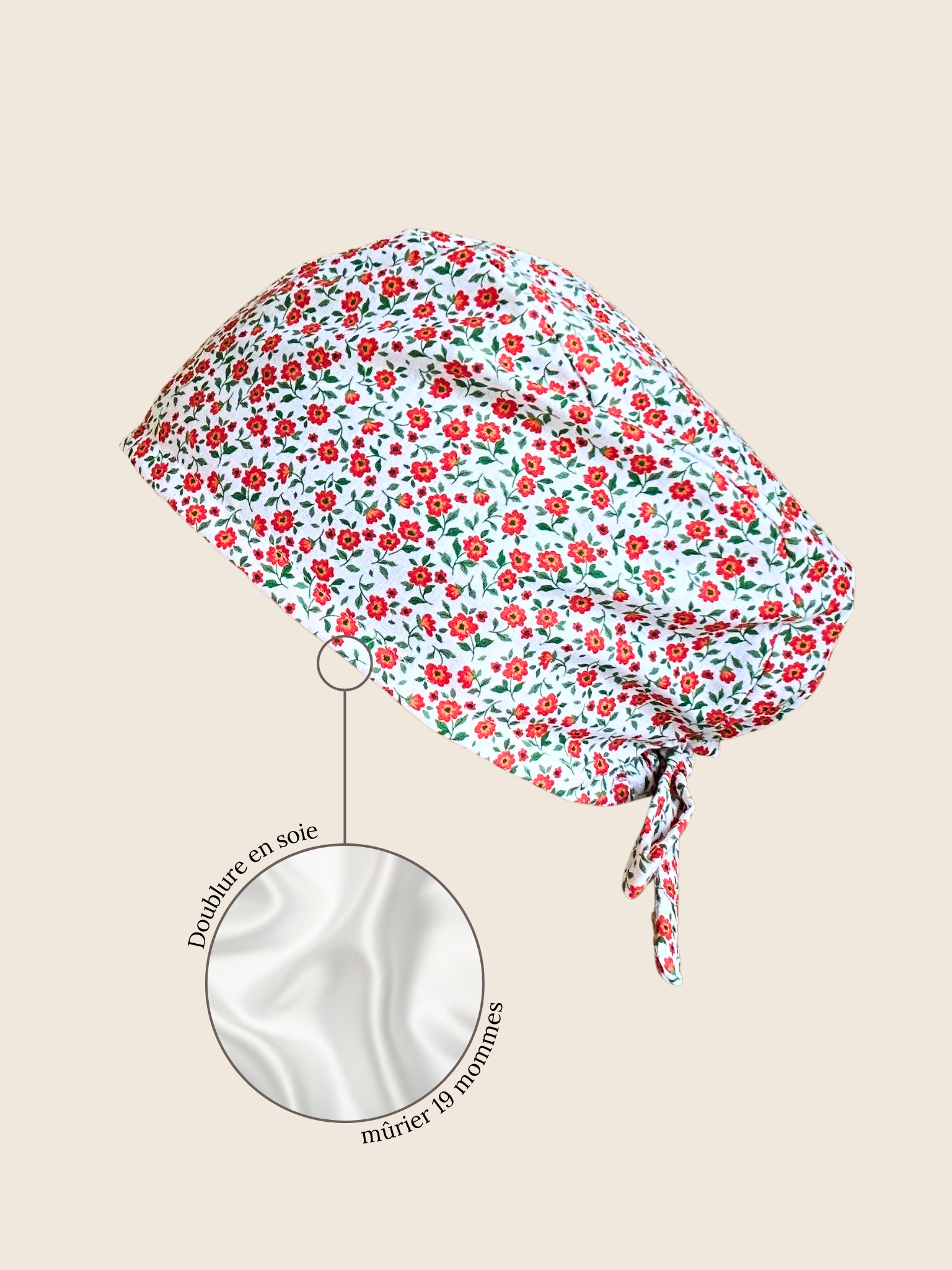 Calot médical coton doublé en soie - Fleurs rouge