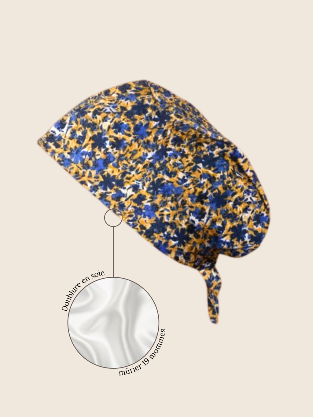 Calot médical coton doublé en soie - Fleurs bleues et jaune