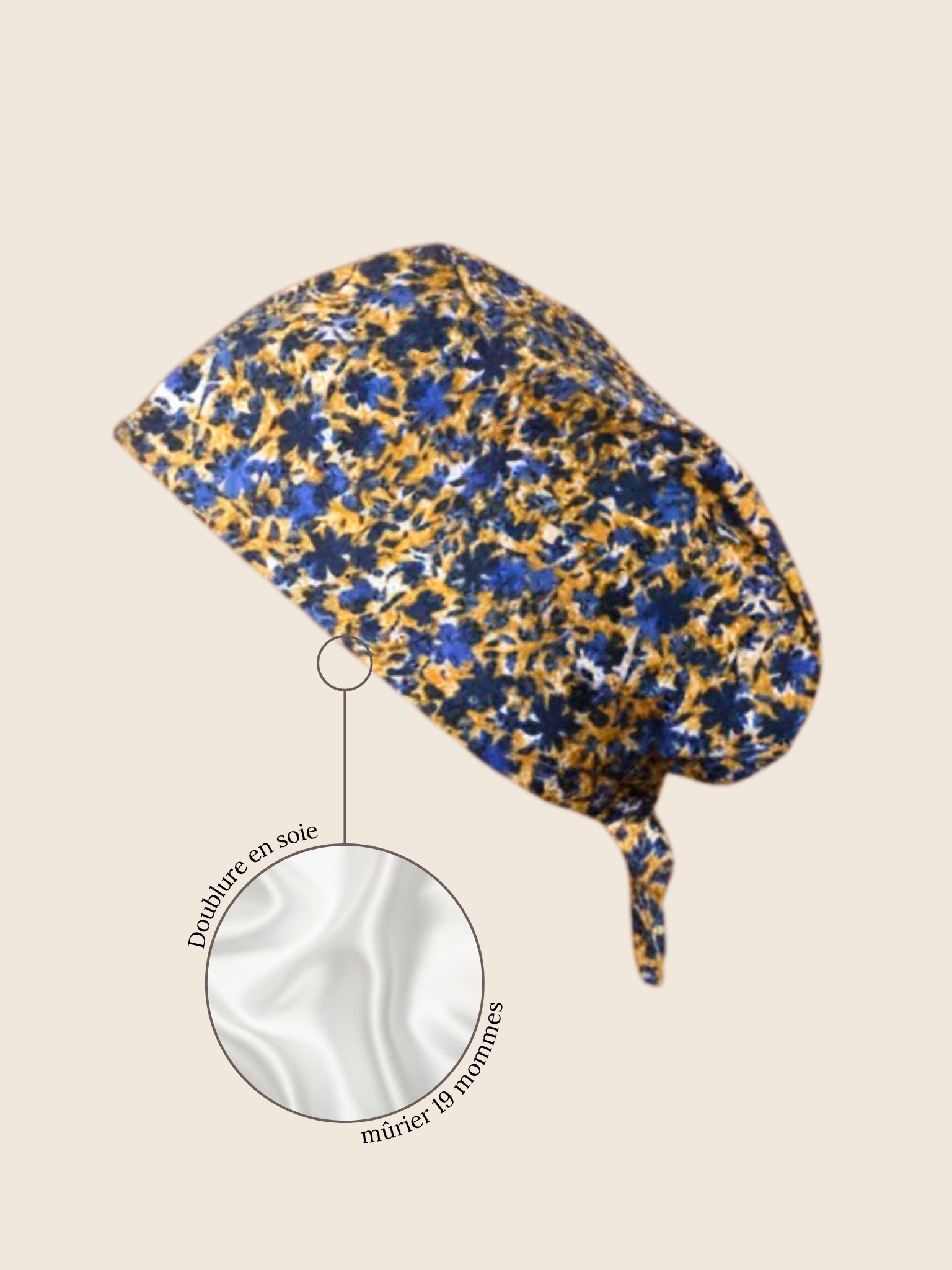 Calot médical coton doublé en soie - Fleurs bleues et jaune