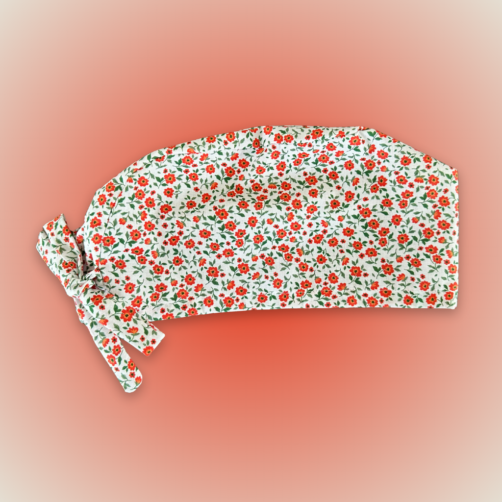 Calot médical en coton - Fleurs rouges