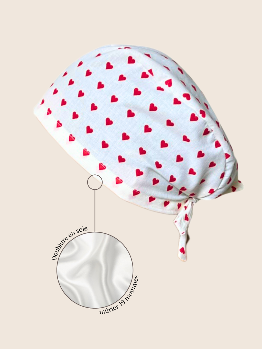 Calot médical coton doublé en soie - Coeurs rouge