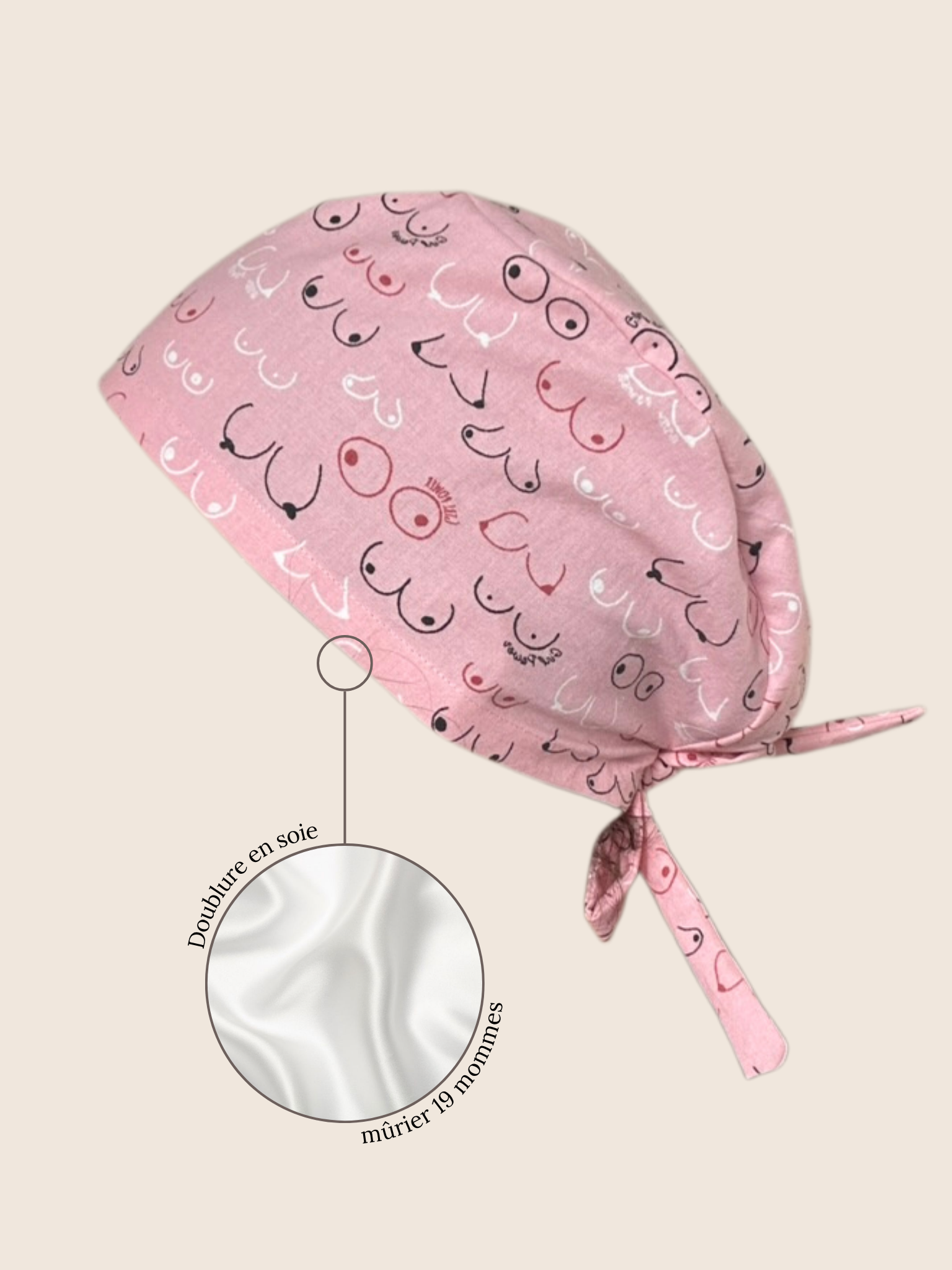 Calot médical coton doublé en soie - Seins noirs et roses