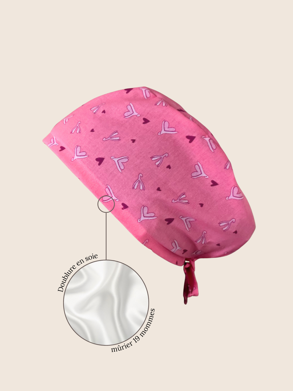 Calot médical coton doublé en soie - Clitoris rose