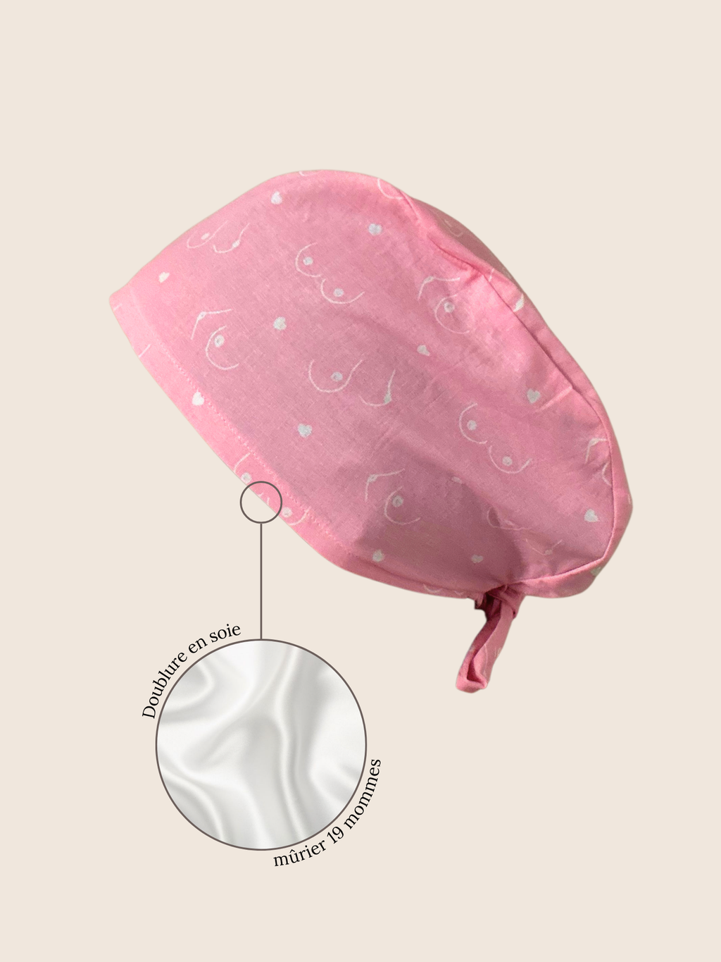 Calot médical coton doublé en soie - Seins roses