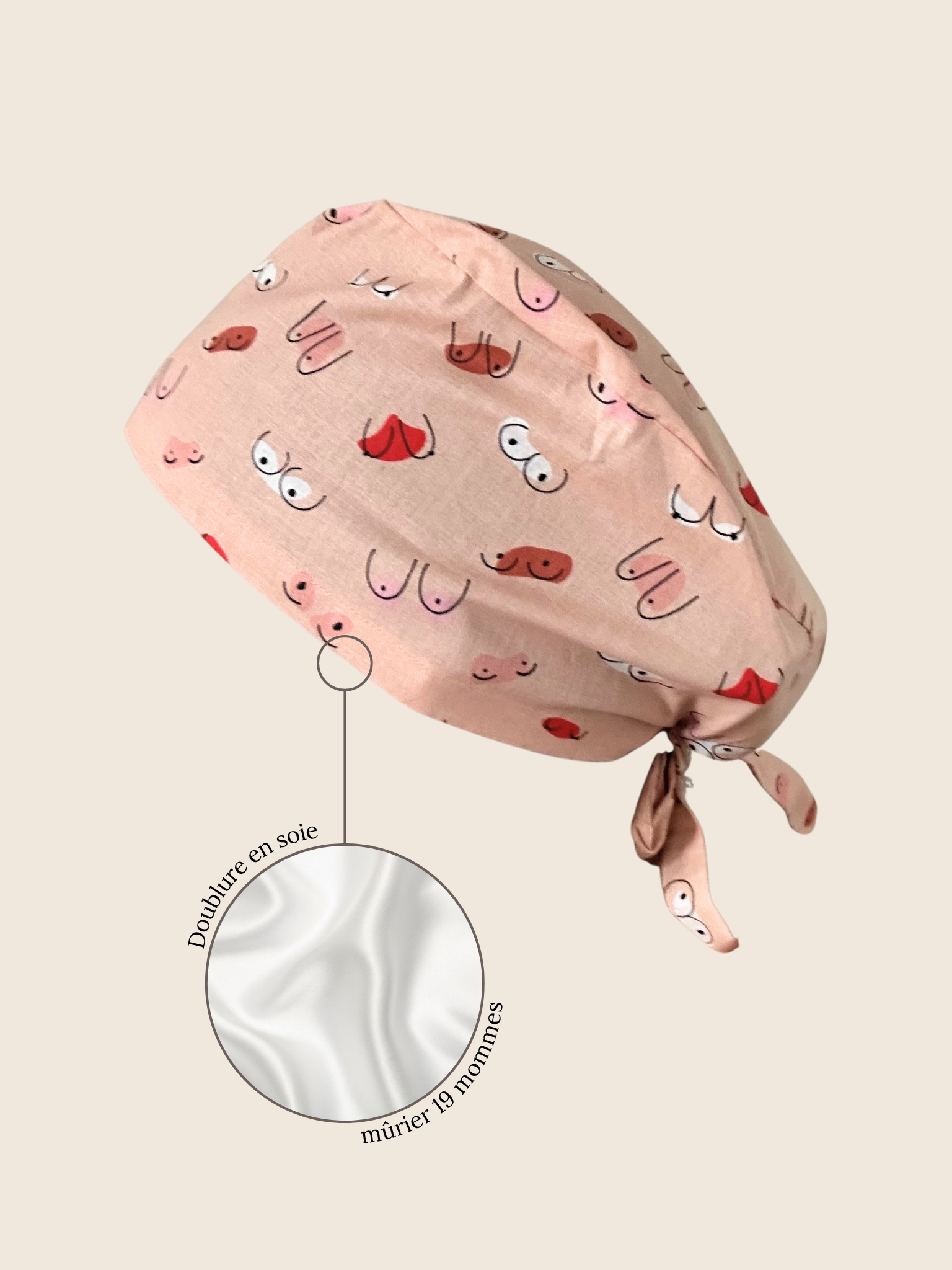 Calot médical coton doublé en soie - Seins saumon